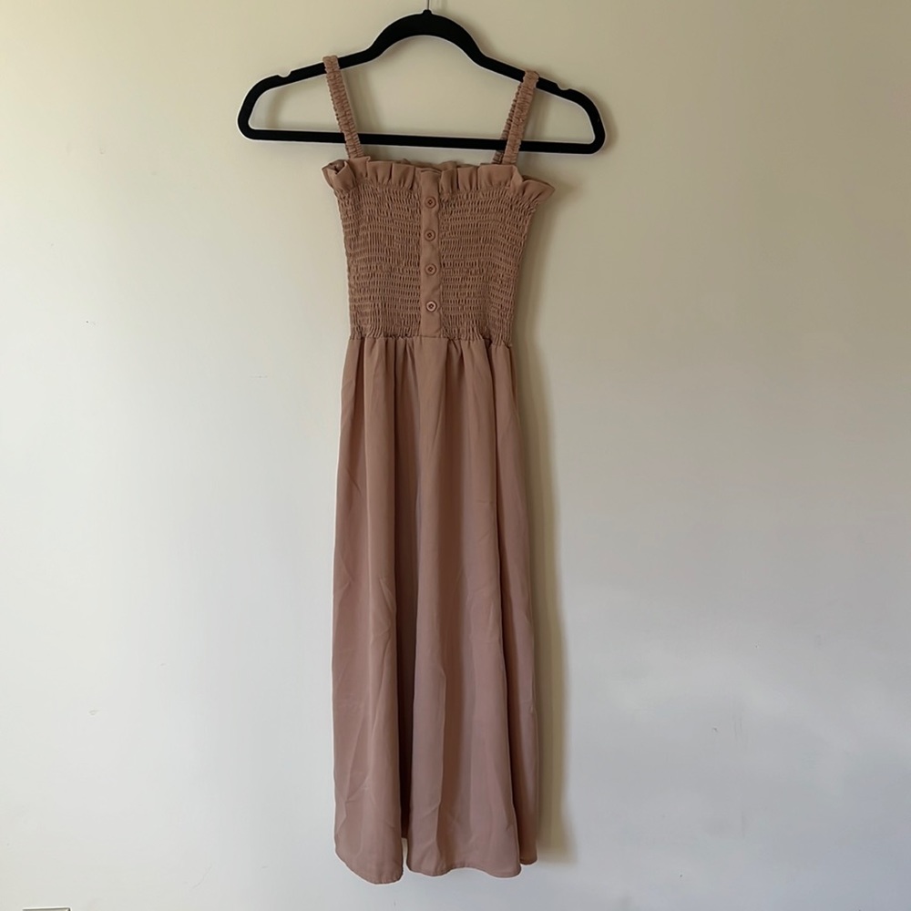 Small Beige Smocked Midi Dress